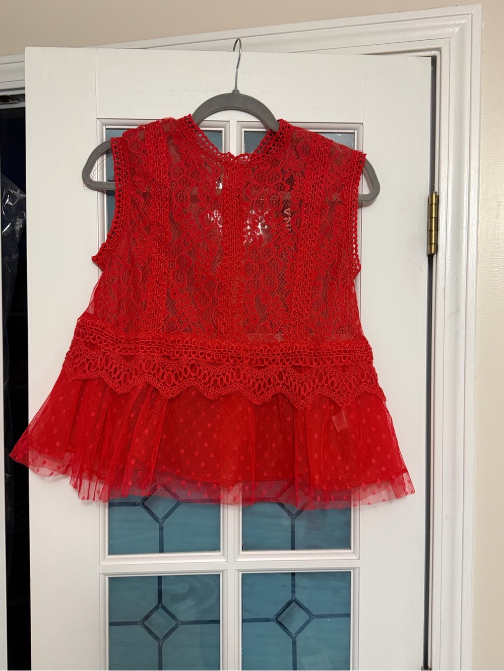 Ina Red Lace Peplum Sleeveless Top